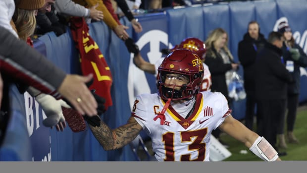 Nov 11, 2023; Provo, Utah, USA; Iowa State Cyclones wide receiver Jaylin Noel (13) high fives fans after the game against the Brigham Young Cougars at LaVell Edwards Stadium
